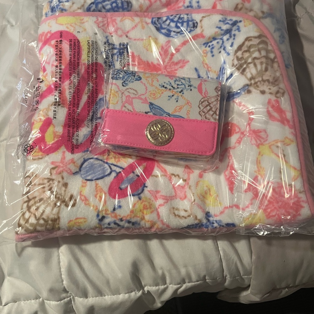Brand new Lily pulitzer Colorful Beach Towel and Pink Wallet with playing cards